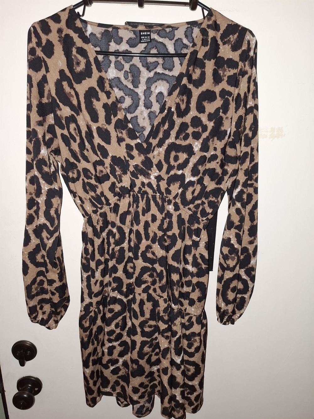 SHEIN Tan and Black Leopard Print Long Sleeve Wrap Dress